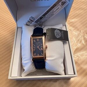 Vince Camuto Rose Gold Rectangular Case Watch with Navy Strap